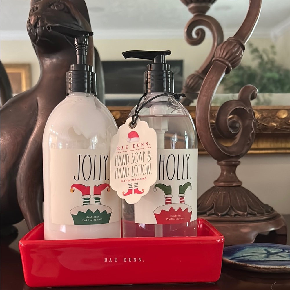 Rae Dunn Jolly & Holly Hand Soap and Lotion Set